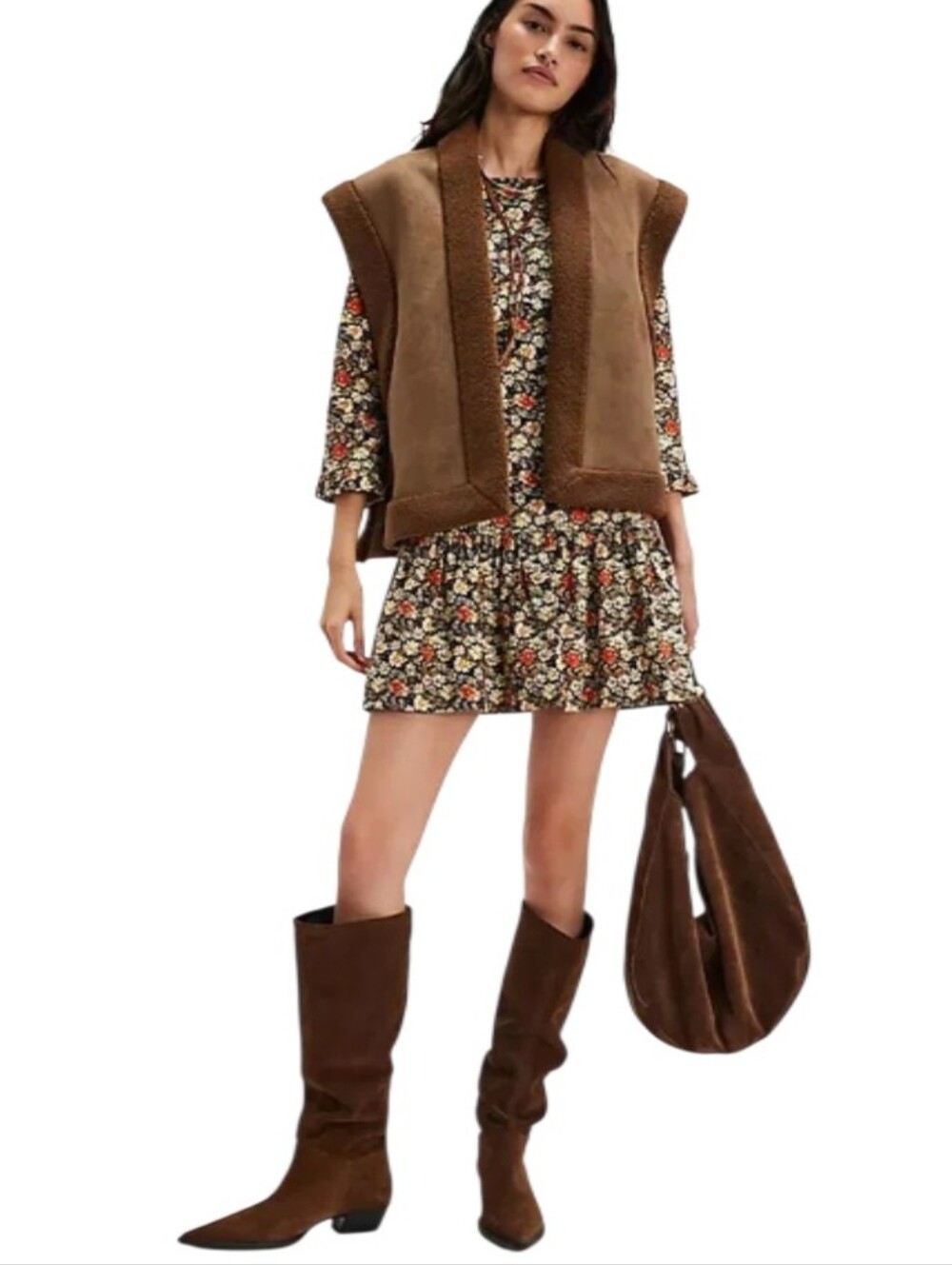 Free People The Avenue Floral A-Line Mini Dress in Brown and Orange
